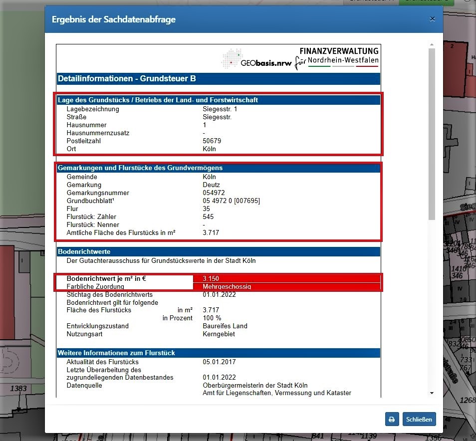 Auszug aus dem Sachdatenregister