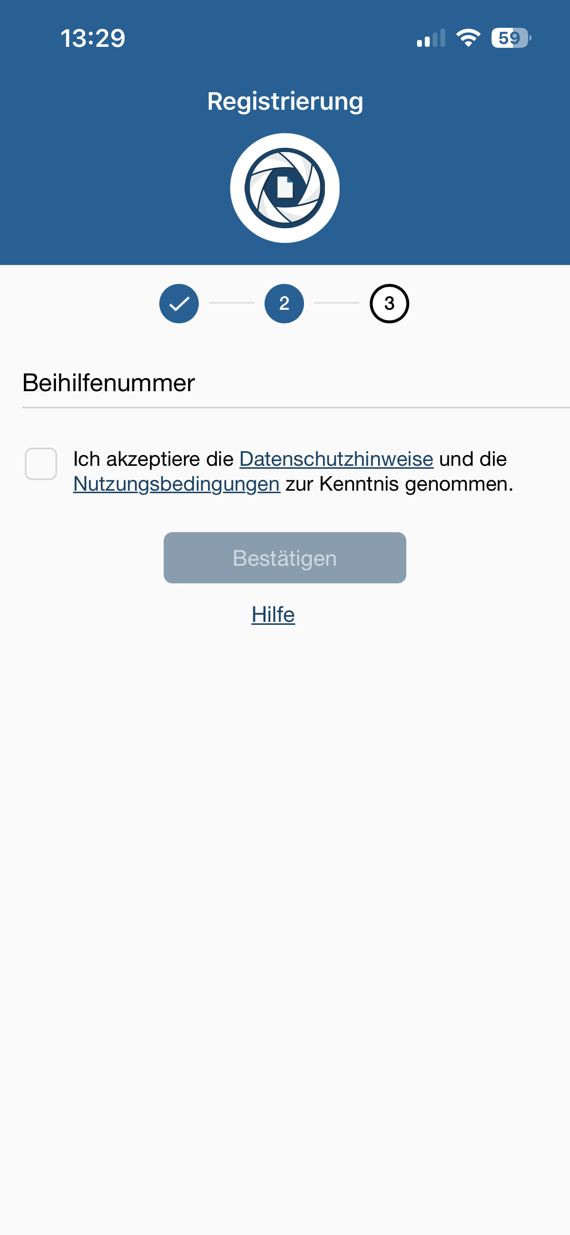 Screenshot aus Schritt 1 Beihilfenummer und Nutzungsbedingungen