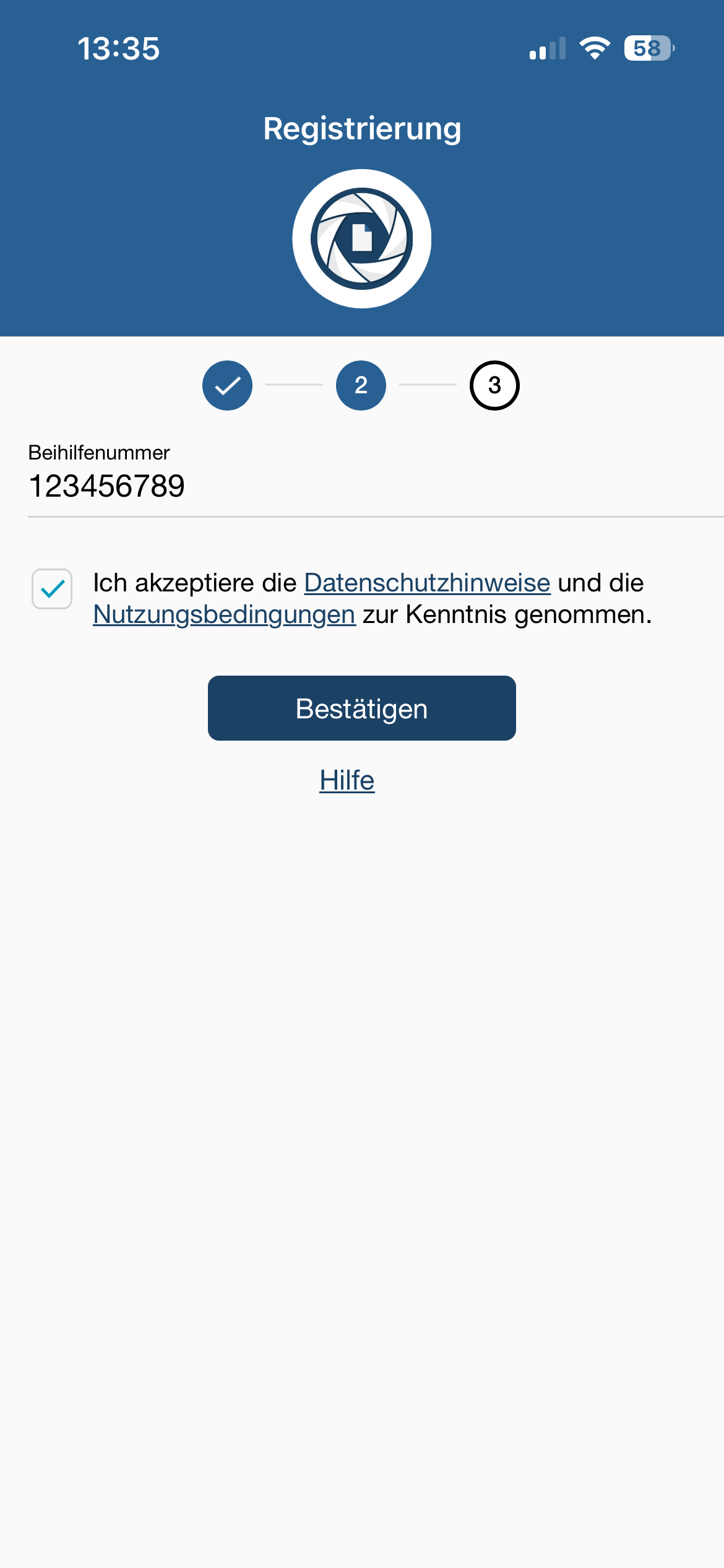 Zweiter Screenshot aus Schritt 1 Beihilfenummer und Nutzungsbedingungen