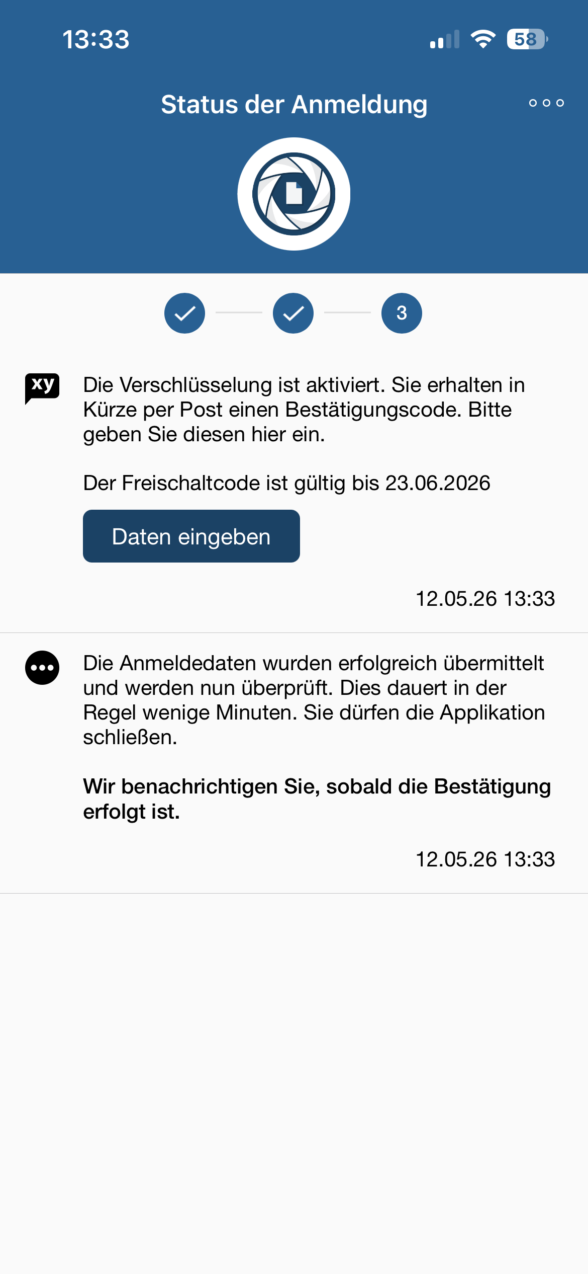  Screenshot aus Schritt 3: Registrierungsschreiben und Bestätigungscode