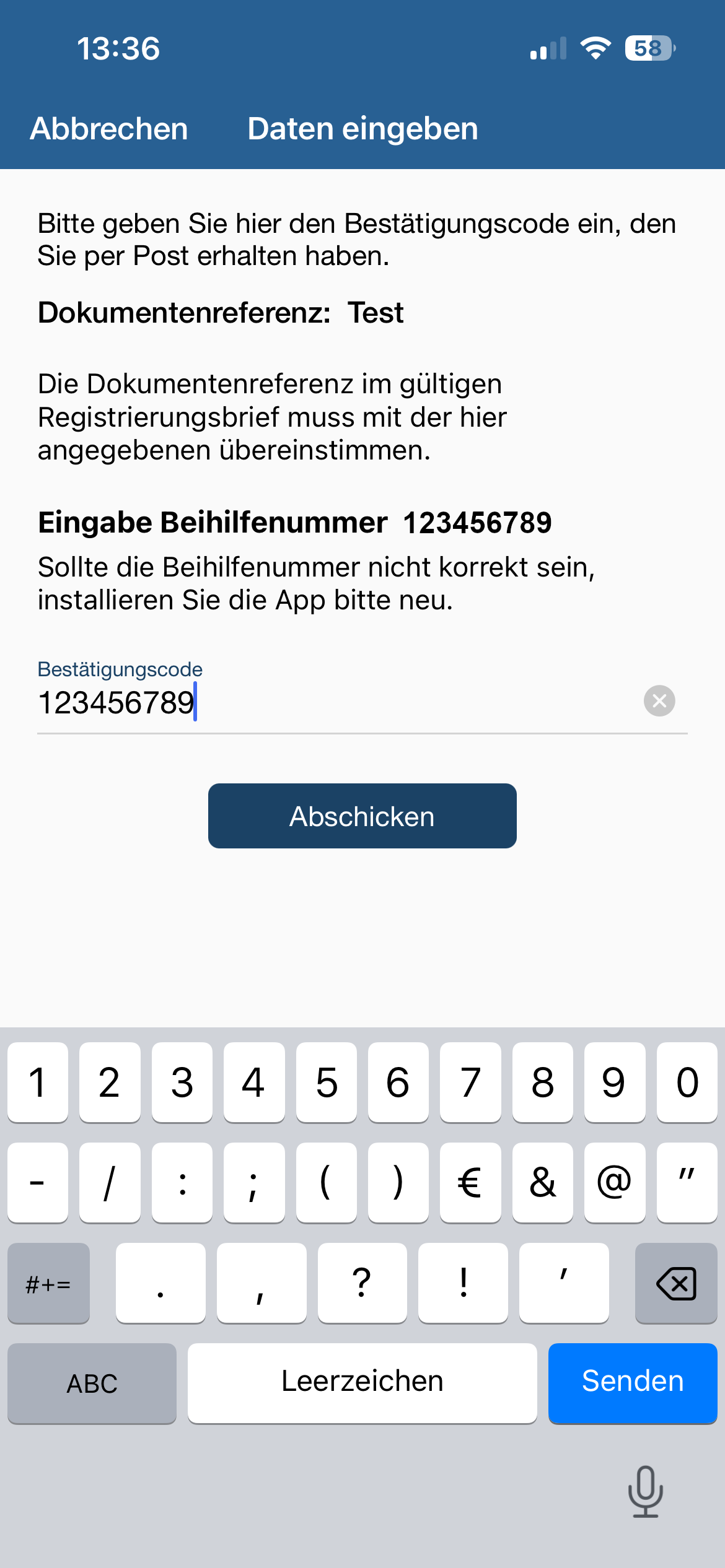 Zweiter Screenshot Schritt 3: Registrierungsschreiben und Bestätigungscode