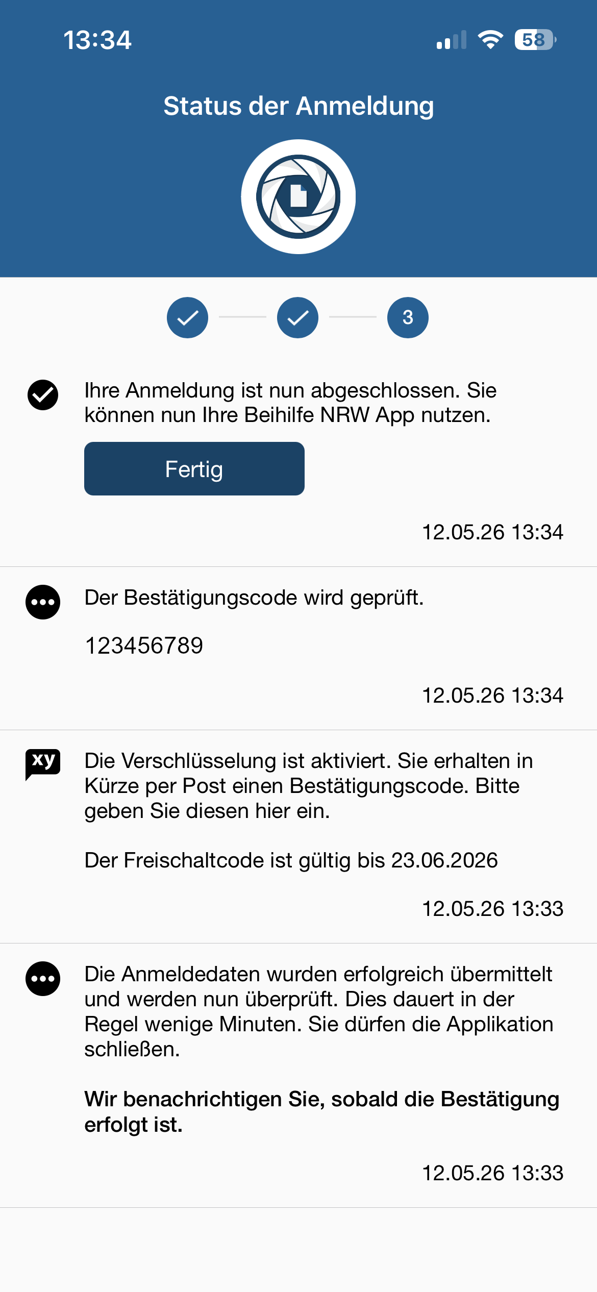 Dritter Screenshot Schritt 3: Registrierungsschreiben und Bestätigungscode