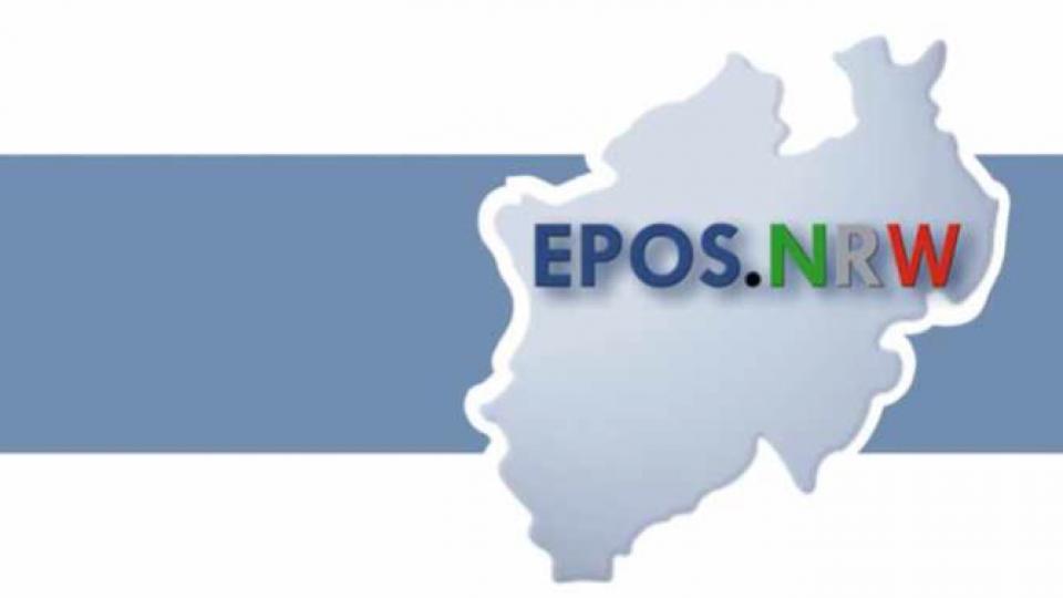 Umriss des Landes NRW mit EPOS.NRW-Schriftzug